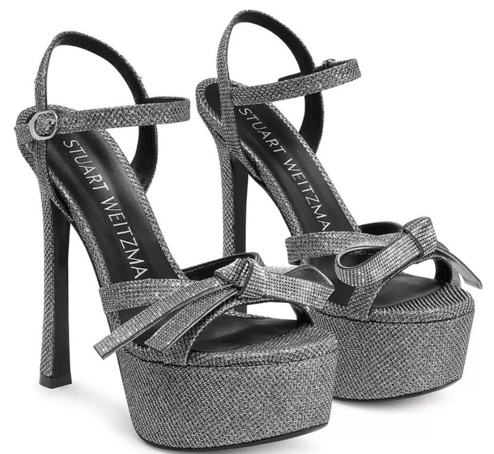 Stuart Weitzman Bow Platform Rhinestone Heels NIB Gunmetal 7.5 8.5